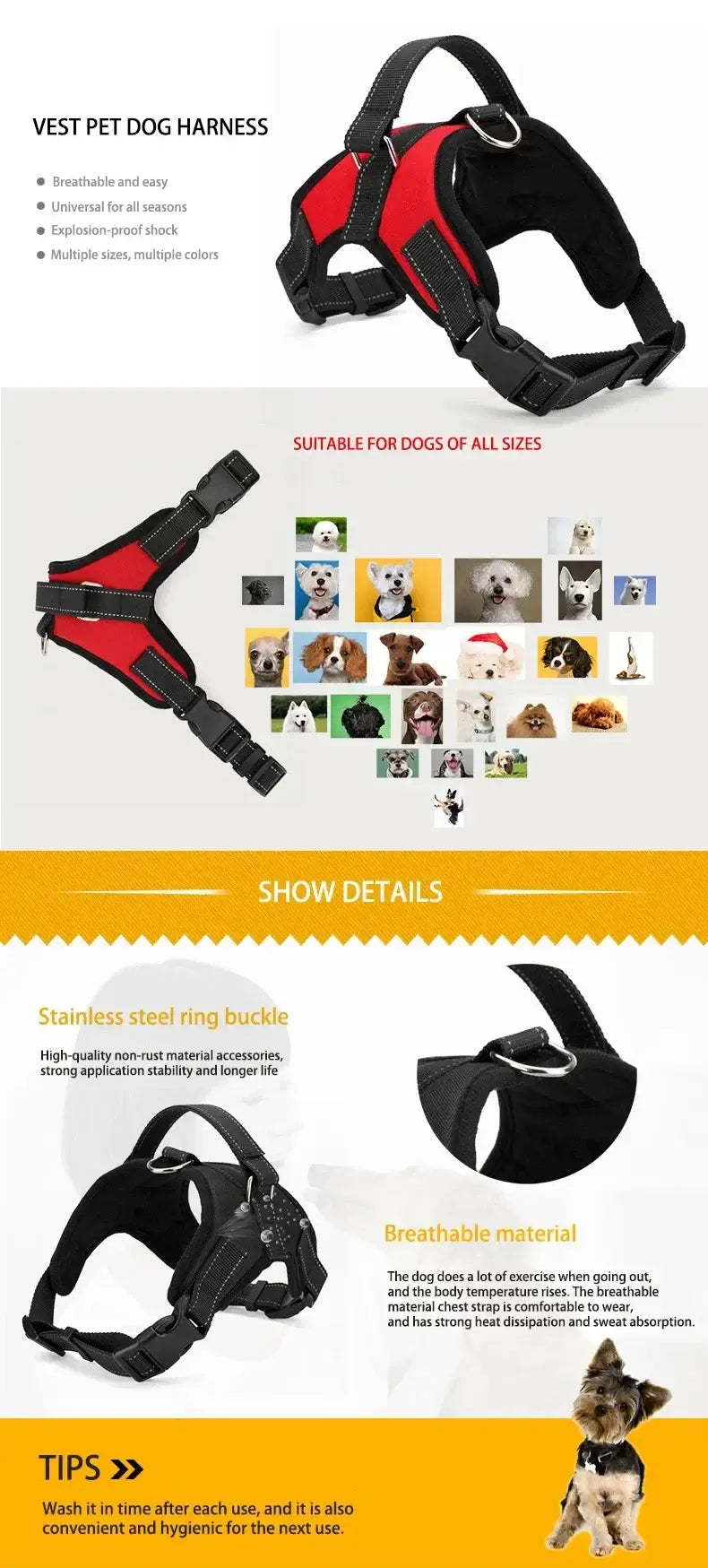 quick release dog harness vest breathable red and black nylon pet harness with reflective straps for dogs