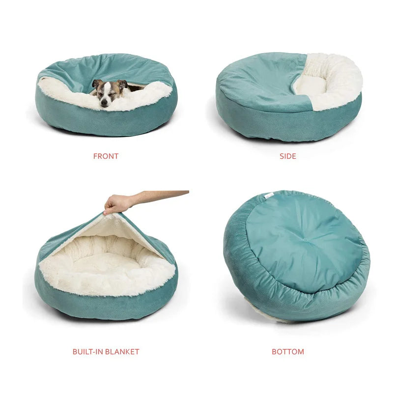 orthopedic waterproof dog bed with hooded blanket for winter warm comfort, dirt resistant, washable pet cuddler