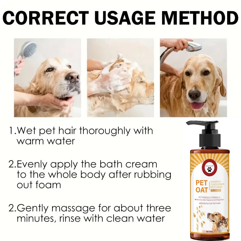 pet shampoo for dogs and cats with usage guide for washing, odor removal, soft hair, and long-lasting fragrance