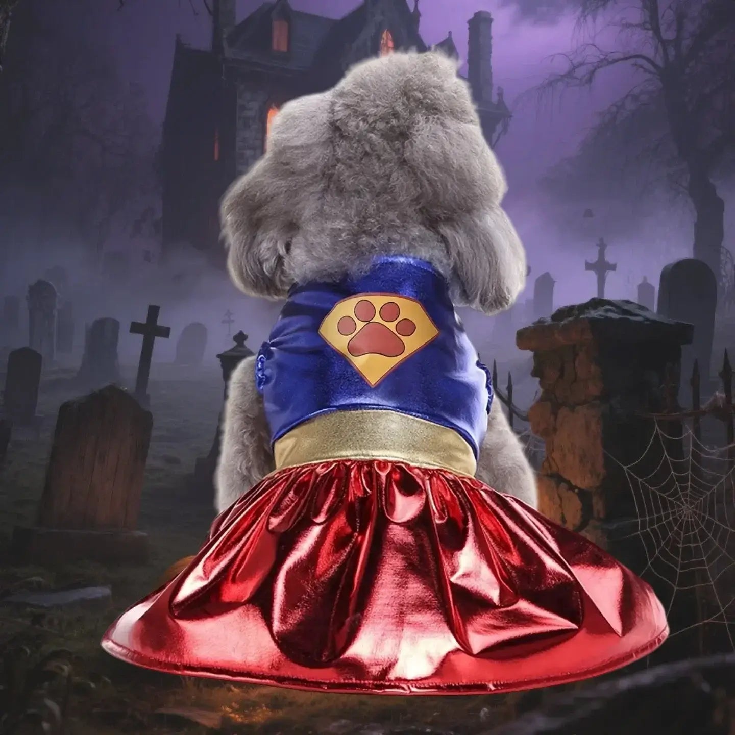 Dog Halloween Costume Dog Dress Halloween Dog Clothes featuring a dog in a superhero outfit at a spooky graveyard.