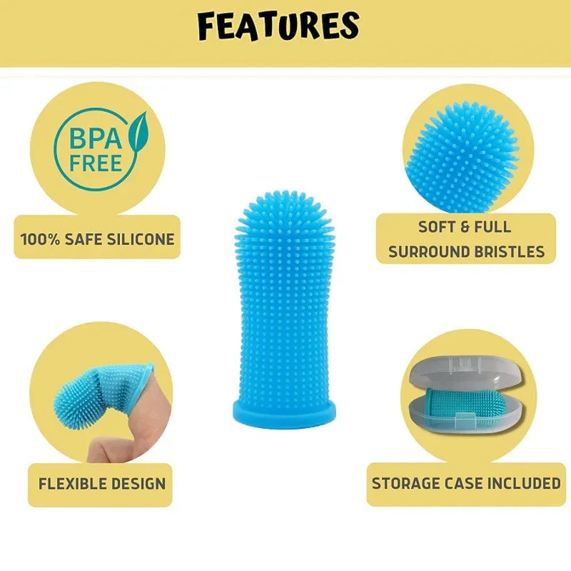silicone finger toothbrush for dogs, BPA-free soft silicone pet toothbrush with flexible design and storage case
