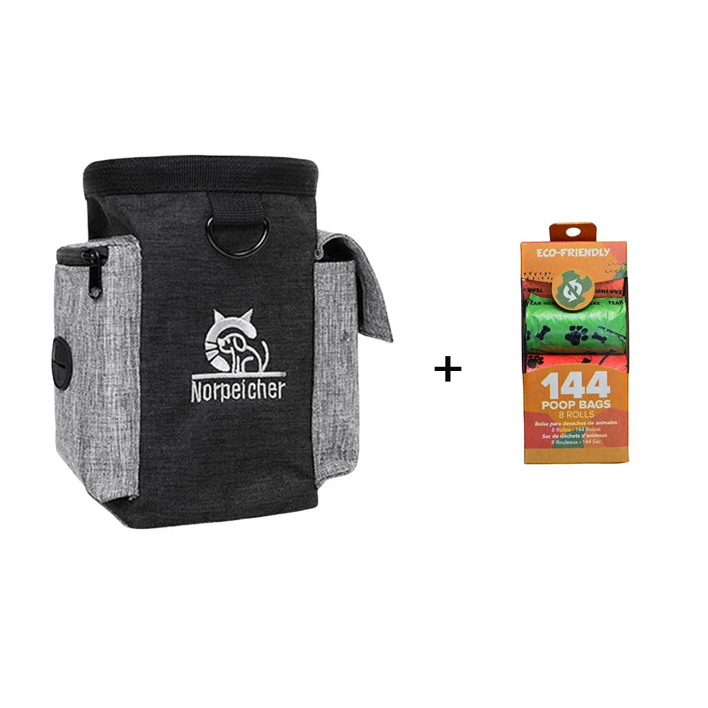 Dog treat pouch with side pockets and eco-friendly dog waste bags, 144 count rolls
