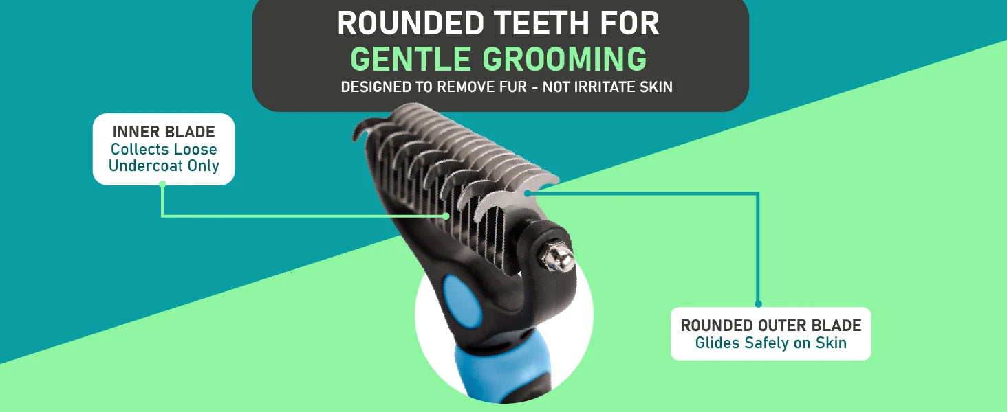 pet deshedding brush with rounded teeth for gentle grooming and safe undercoat fur removal