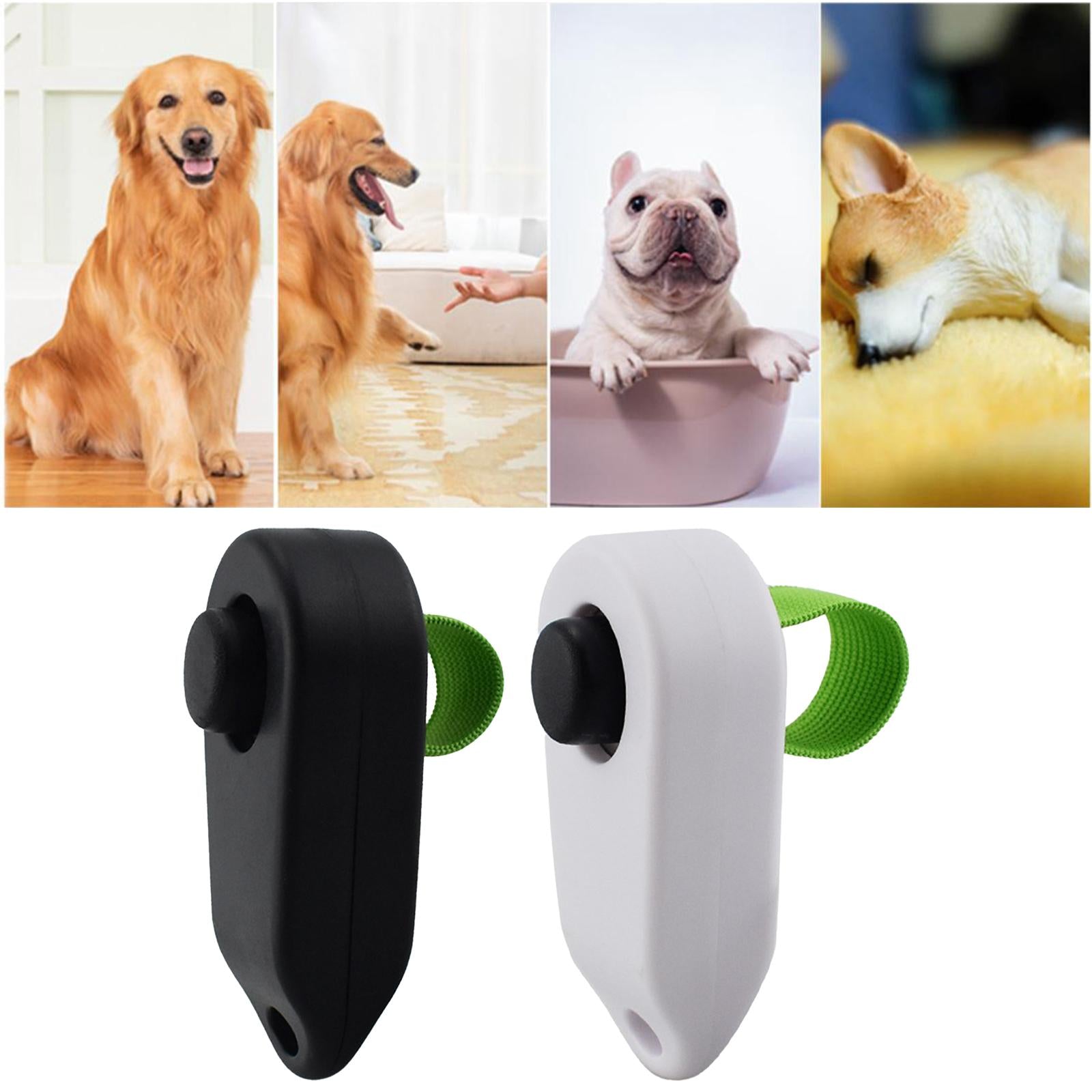 Dog training clickers with strap, assorted dog breeds, home setting, pet accessories
