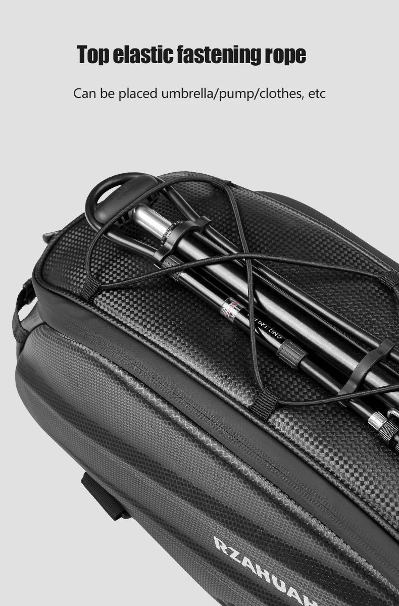 Top elastic fastening rope on Bicycle Carrier Bag Large Capacity Bike Bags Foldable Rear Seat Bag for secure storage.
