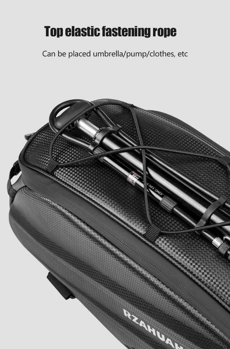 Top elastic fastening rope on Bicycle Carrier Bag Large Capacity Bike Bags Foldable Rear Seat Bag for secure storage.