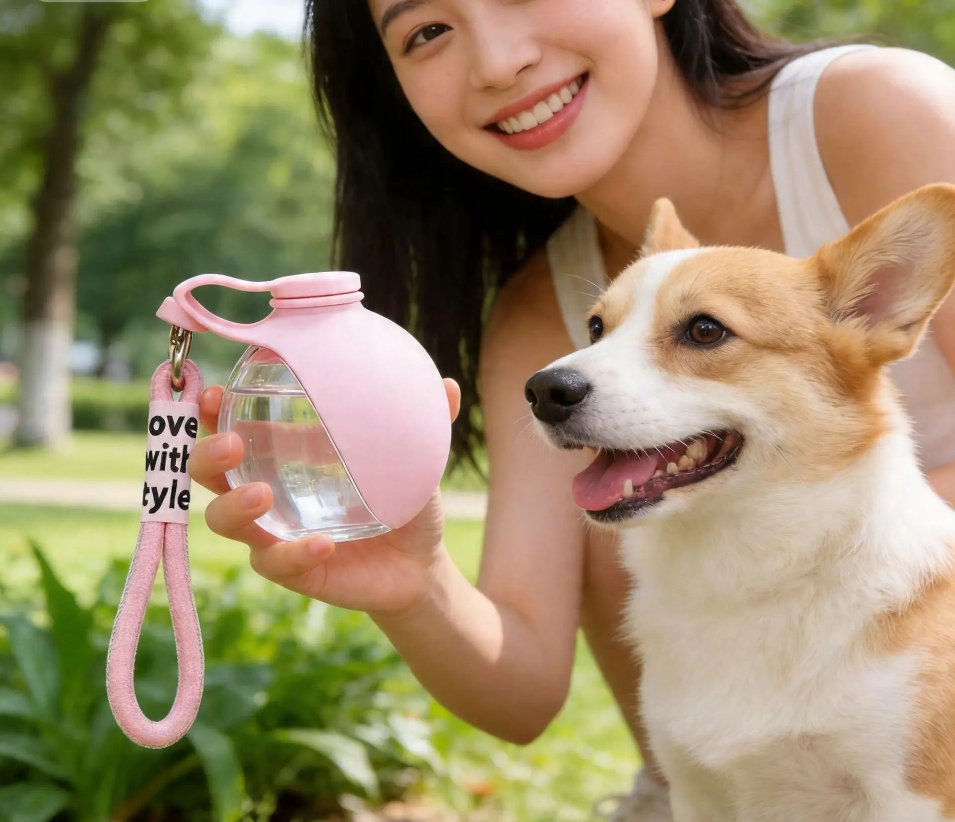 Pink portable dog water bottle held beside a happy corgi during an outdoor walk