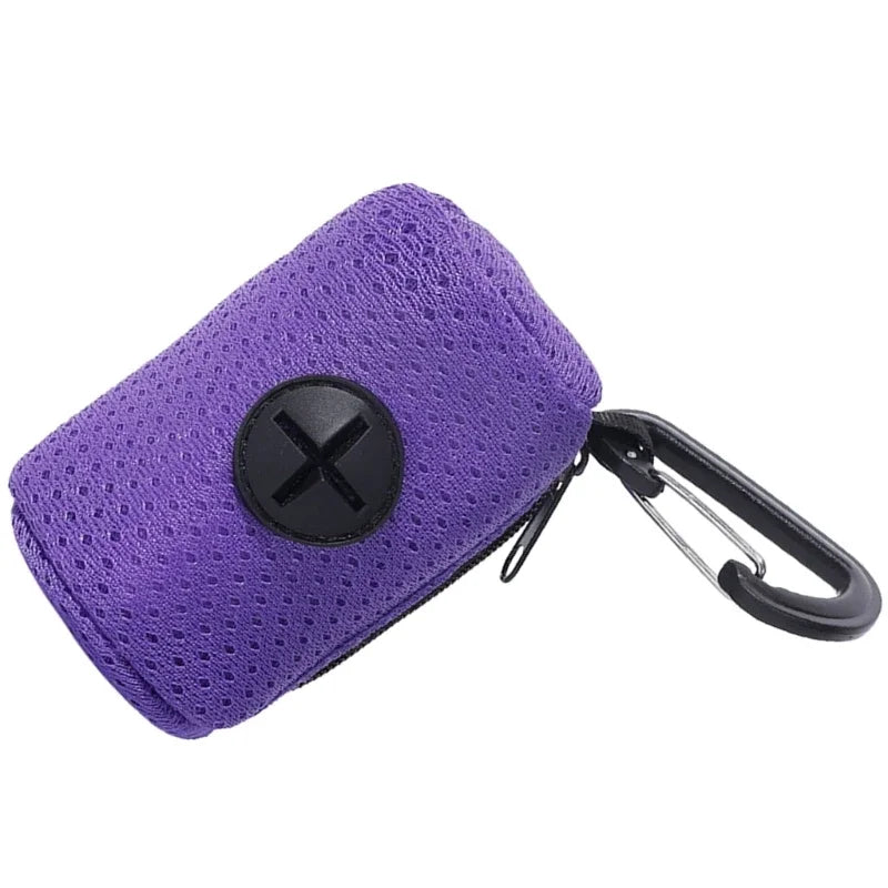 Purple dog poop bag holder with carabiner clip for easy pet waste cleanup and leash attachment