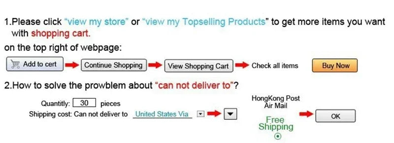 Screenshot of online store checkout instructions showing how to use the shopping cart, change shipping destination, and solve delivery issues with buttons for add to cart, view cart, and buy now.