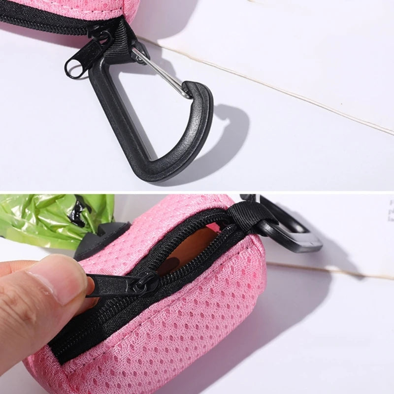 Pink dog poop bag holder with carabiner clip and zipper pocket for convenient pet waste cleanup and bag storage