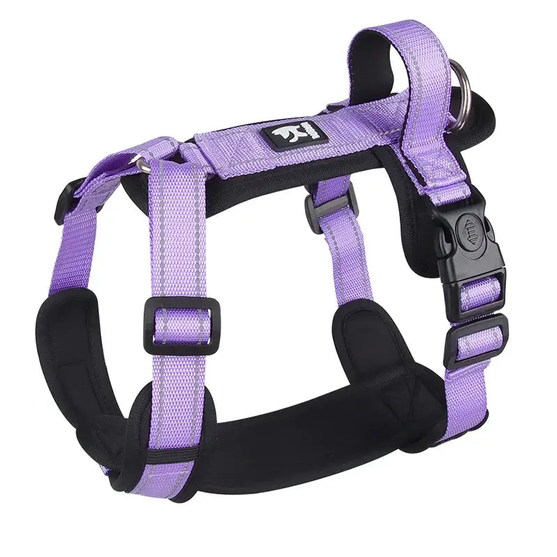 Purple no pull dog harness with handle for small medium dogs, buckle closure, polyester, for walking and hiking, ships from China Mainland