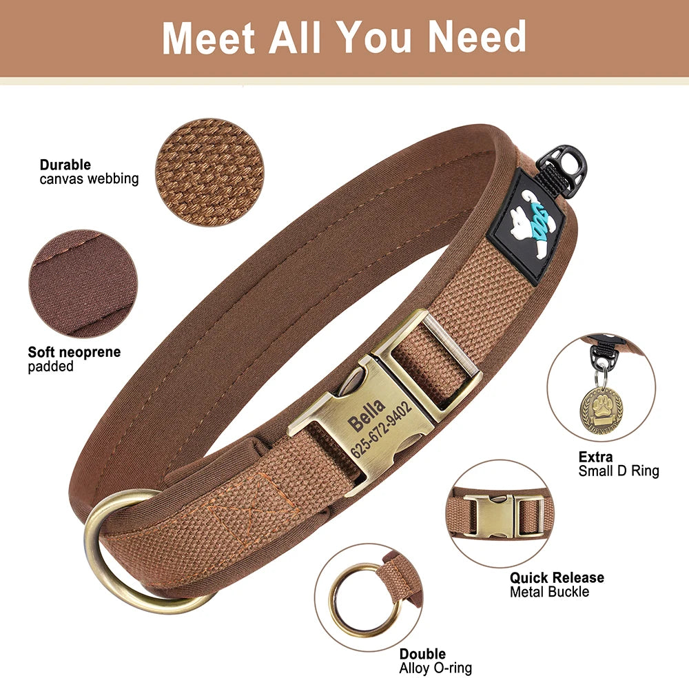 personalized nylon dog collar, adjustable brown pet ID collar with free engraving for small medium large dogs