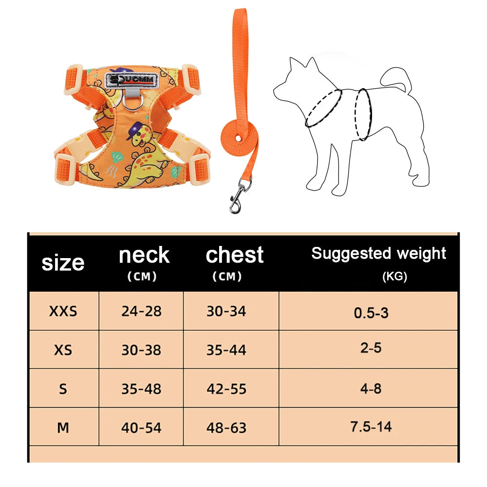 Puppy print dog harness and leash set with adjustable soft padded vest for small and medium dogs, size chart included