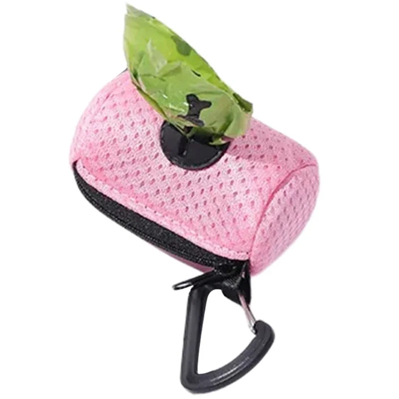 Pink dog poop bag holder with clip and dispenser opening for convenient pet waste pickup and cleanup