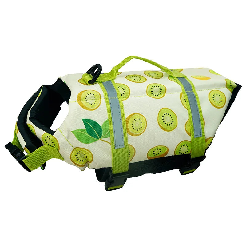 reflective adjustable dog life jacket for large dogs, buoyant summer swim safety vest with kiwi print