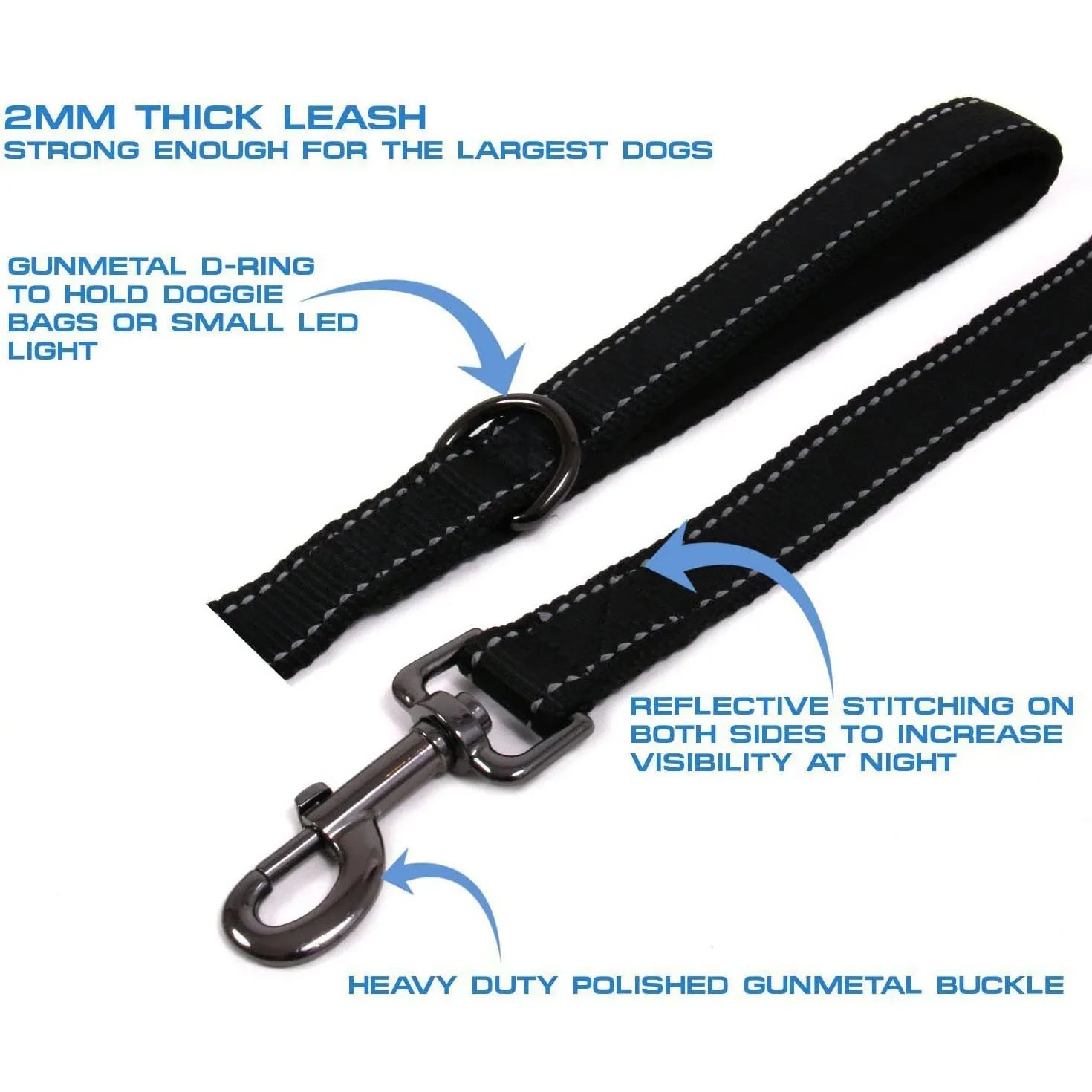 heavy duty double handle dog leash with 2mm thick reflective stitching, gunmetal buckle, and D-ring for large dogs