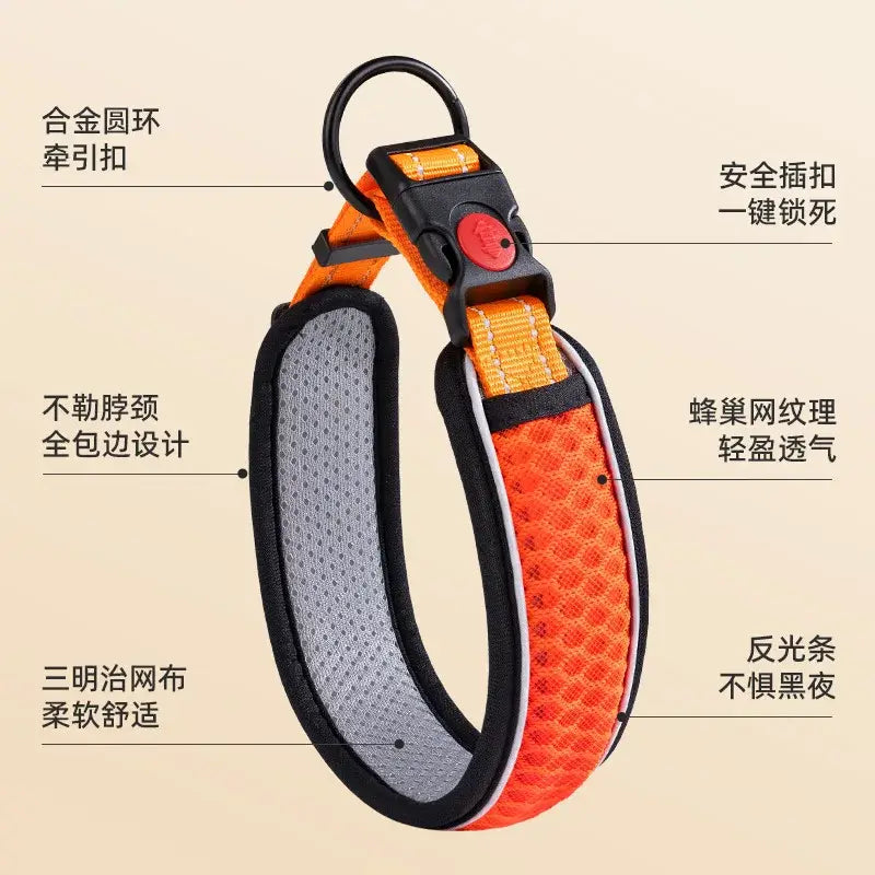 Orange and black dog collar with reflective strip, breathable mesh, and secure quick-lock buckle for puppy walking