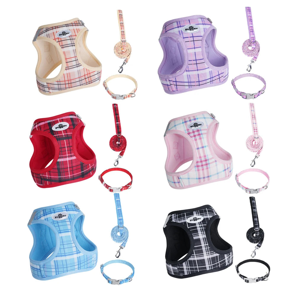 Plaid pet leash set with matching cat and dog harnesses and leashes in six color options, adjustable and durable