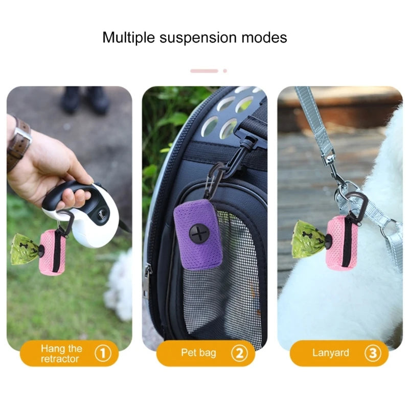 dog poop bag holder with multiple suspension modes for retractors, pet bags, and lanyards