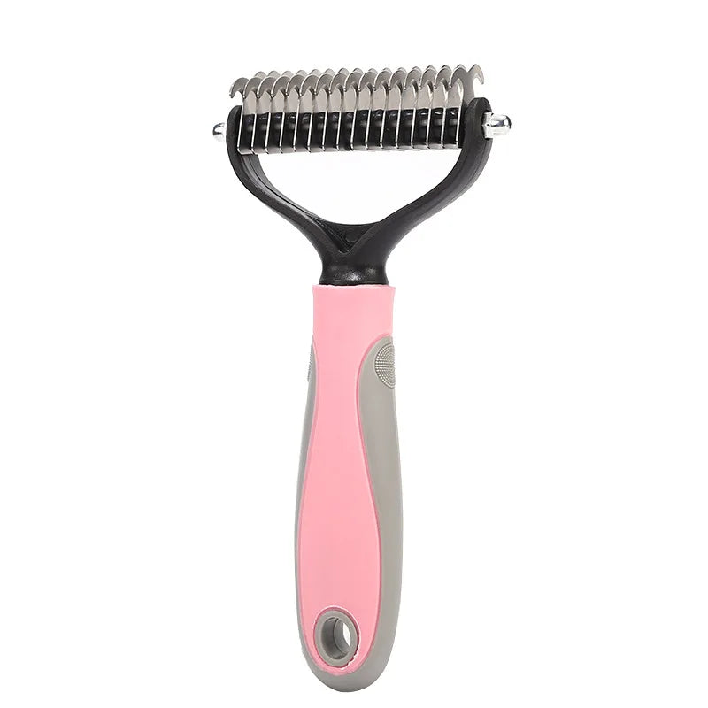 double sided pet deshedding brush for dogs and cats, stainless steel dematting rake for undercoat shedding and grooming