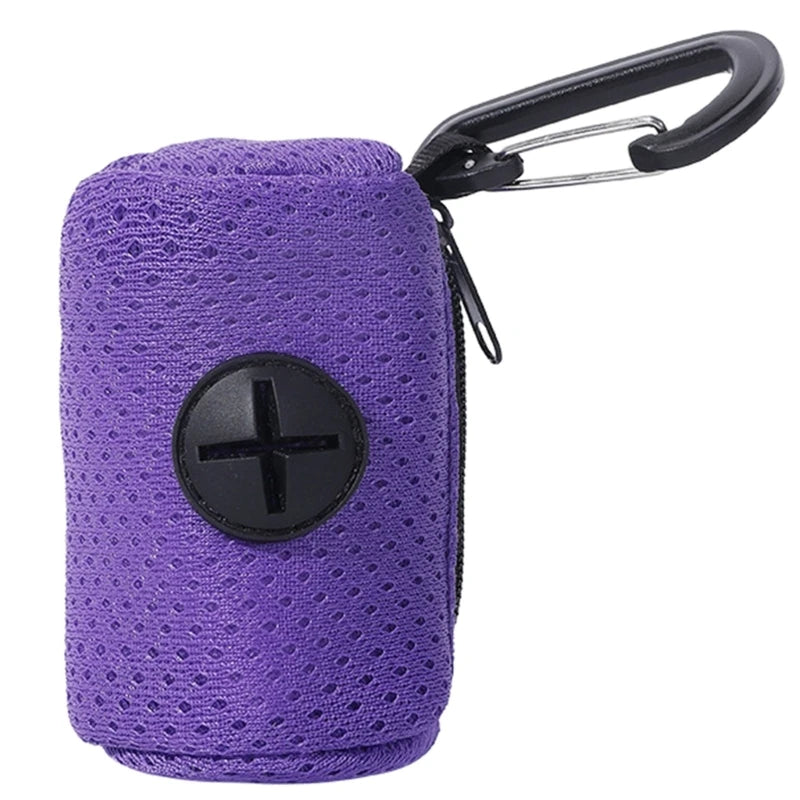Purple dog poop bag holder with clip-on carabiner, durable pet waste bag dispenser for dog poop pickup