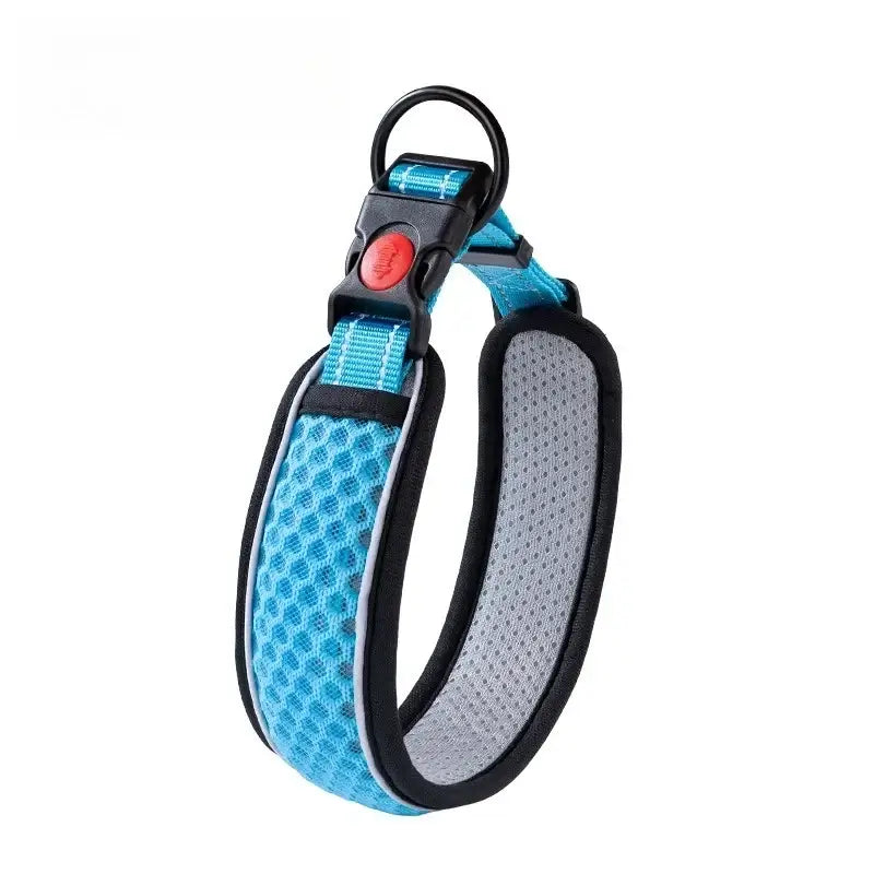 Blue dog collar with padded mesh design and secure buckle, lightweight puppy neck collar for walking and training
