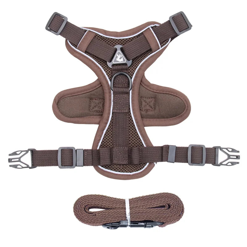 reflective cat harness and leash set, coffee color, breathable padded mesh, buckle vest harness, ships from CN