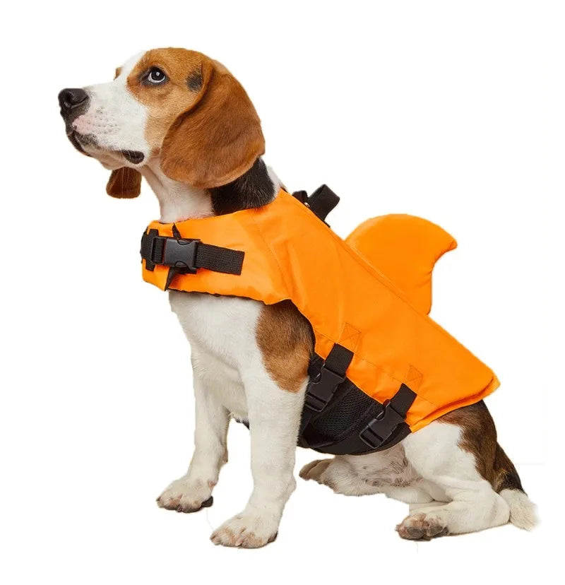 small dog shark fin life jacket for swimming, orange buoyancy vest with handle and secure straps for small dogs