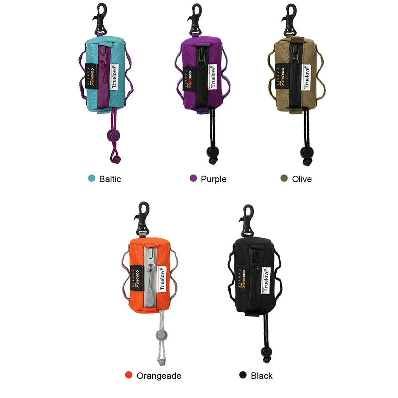 dog poop bag holder with carabiner for leashes, compact adjustable dispenser in Baltic, Purple, Olive, Orangeade, and Black