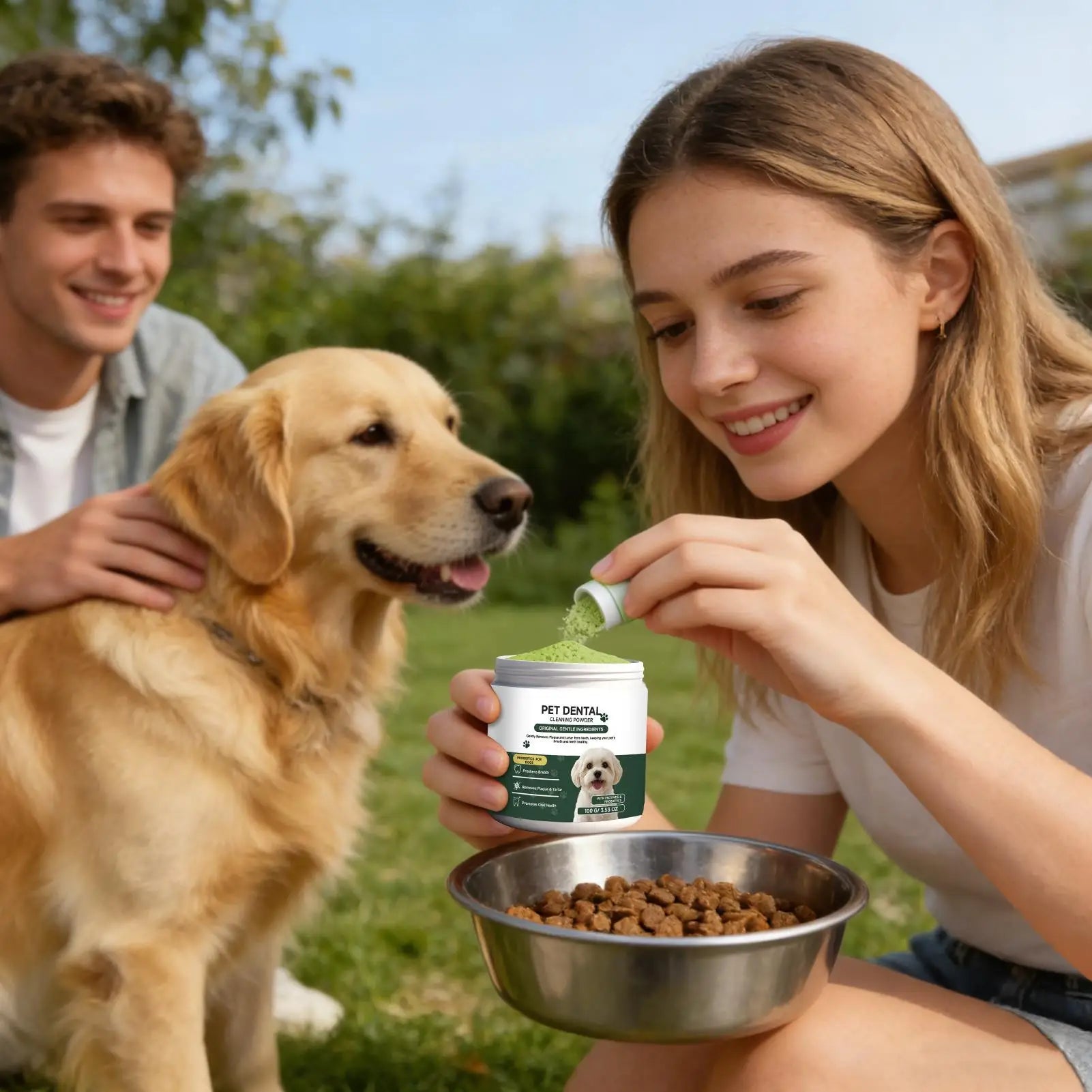 dog teeth cleaning powder for fresh breath and plaque support, mixed into dog food at home