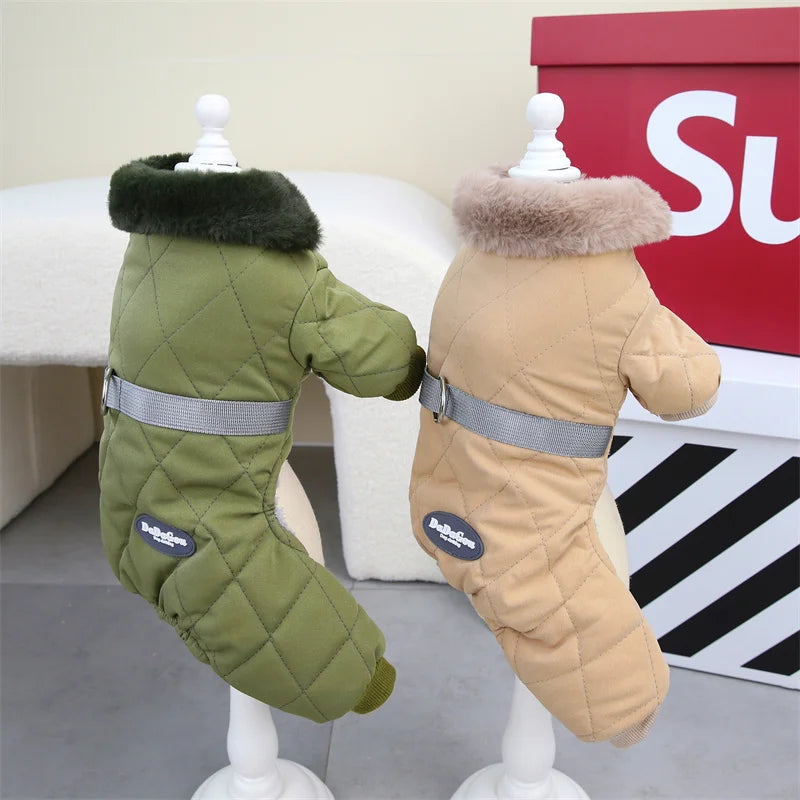Thicken Warm Dog Jumpsuit Winter Pet Dogs Clothes for Chihuahua Coat Waterproof Hoodie Puppy Overalls Poodle Jacket Pet Apparel in green and beige.