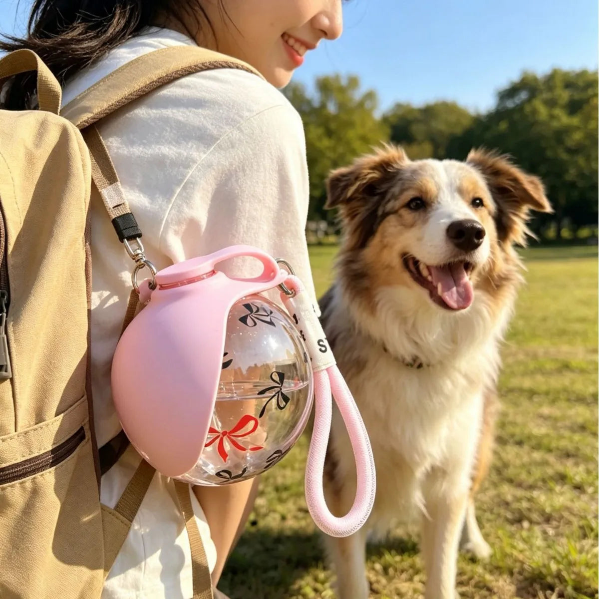 portable dog water bottle for outdoor travel, pink 2-in-1 leak-proof dispenser with leash loop