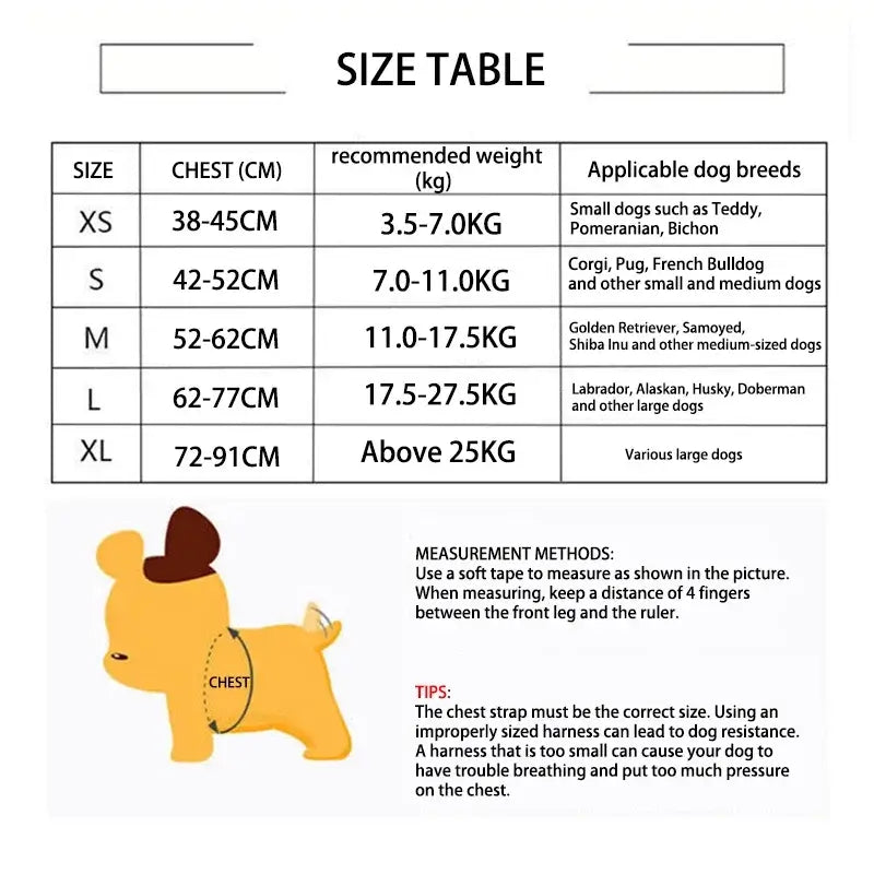 quick release dog harness vest size chart for XS to XL dogs with chest measurements and breed guide