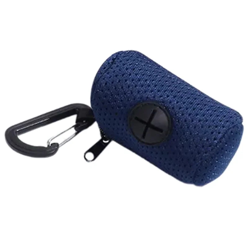 Blue dog poop bag holder with carabiner clip, durable pet waste bag dispenser for easy dog walking cleanup