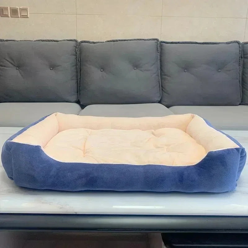 calming plush dog bed for small dogs and puppies, soft deep sleeping pet cushion, warm blue corduroy mat