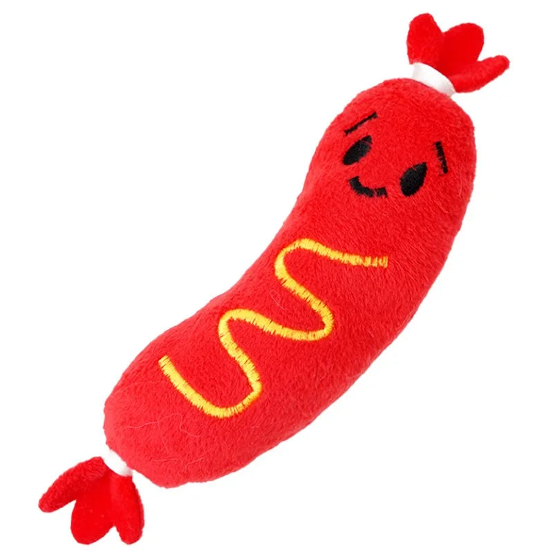 Red squeaky plush dog chew toy hot dog fleece pet grinding teeth chew toy, bite-resistant, ships from China Mainland