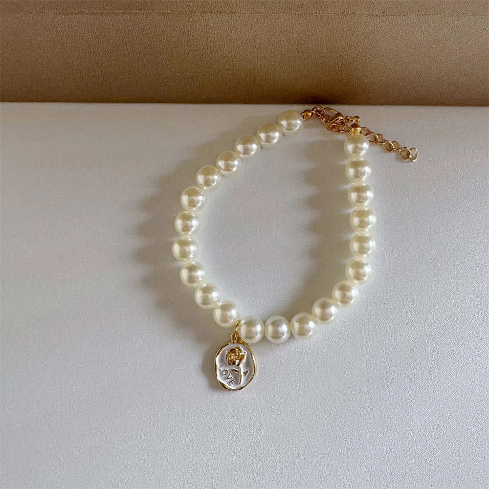 Elegant pet pearl necklace collar with gold buckle and charm, white pearl dog collar accessory, Color 7