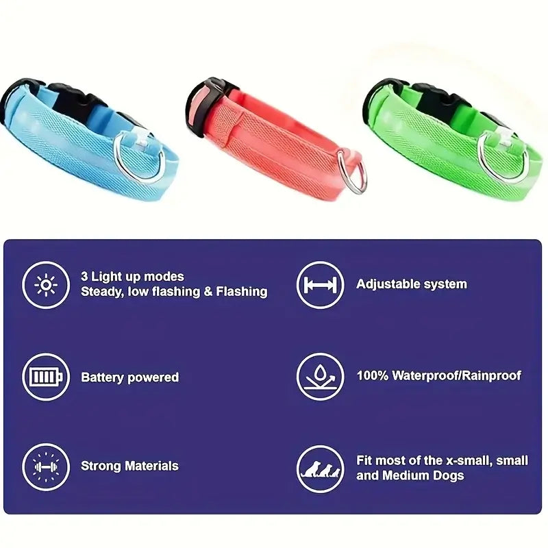 LED dog collar for night safety reflective battery-powered nylon collar with 3 light modes for small and medium dogs