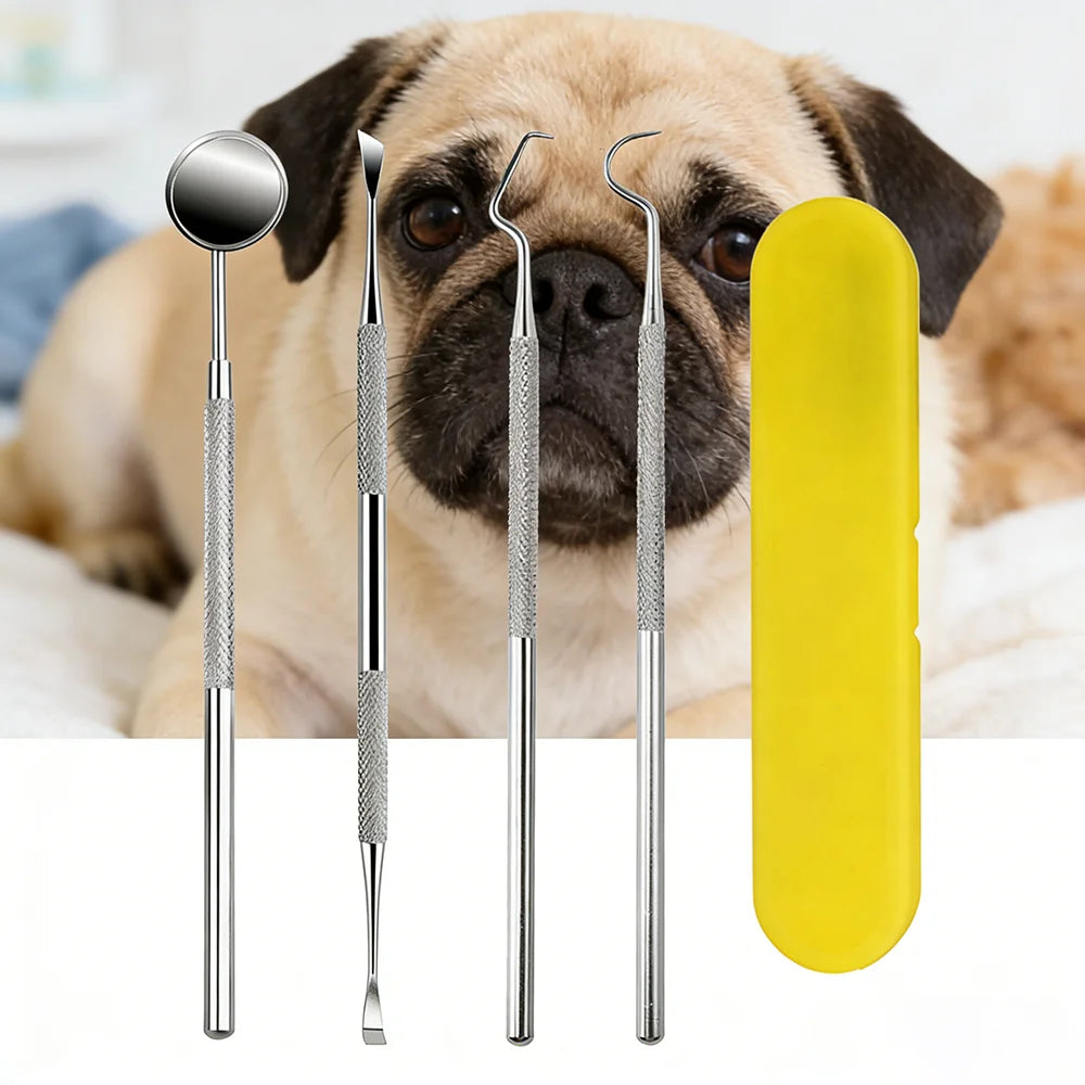 stainless steel pet tartar cleaning kit for dogs and cats, reusable oral care tools with yellow case