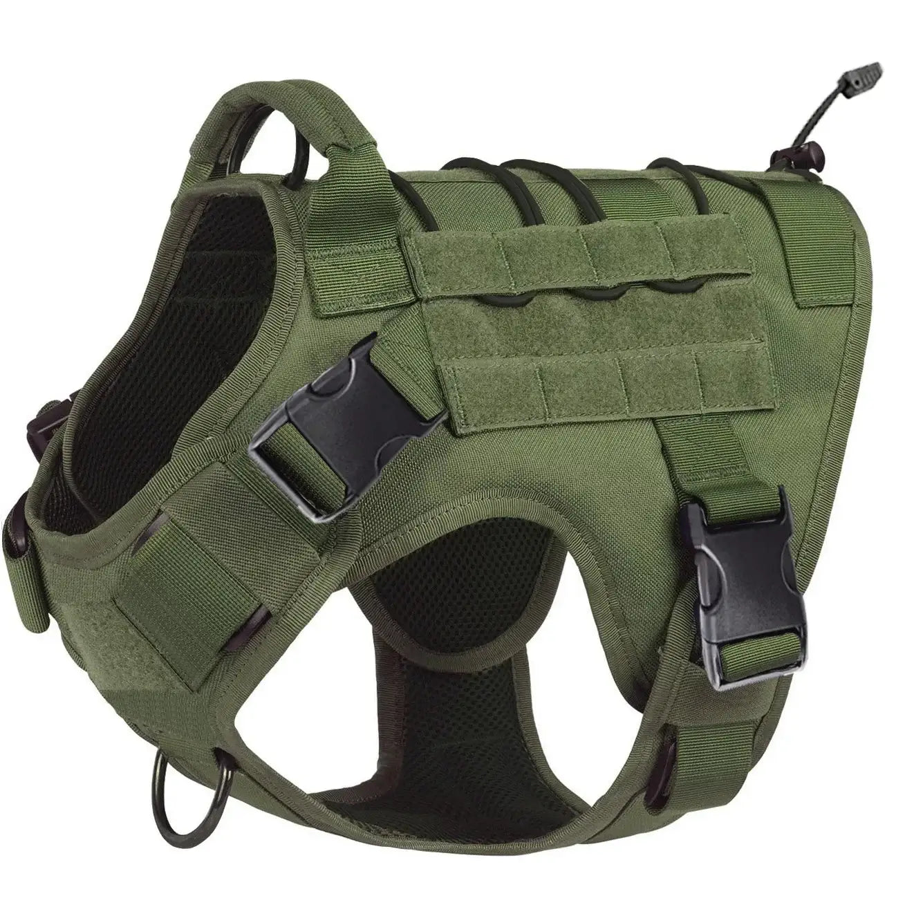 Army green tactical dog harness with handle, polyester no-pull service dog vest with hook & loop panels, adjustable
