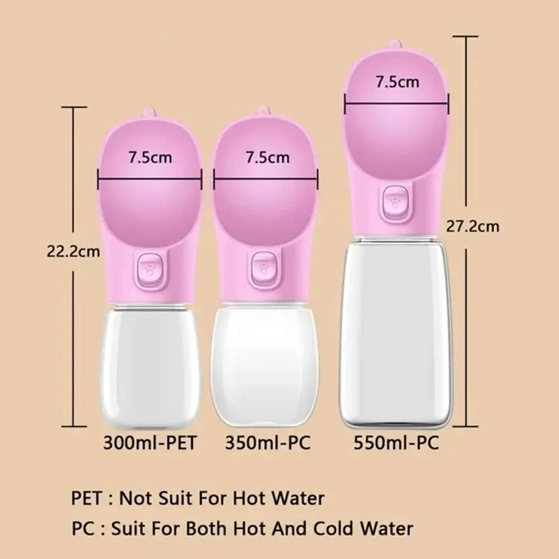 portable dog water bottle in 300ml, 350ml, and 550ml sizes for dogs and cats, leakproof travel drinking bowl
