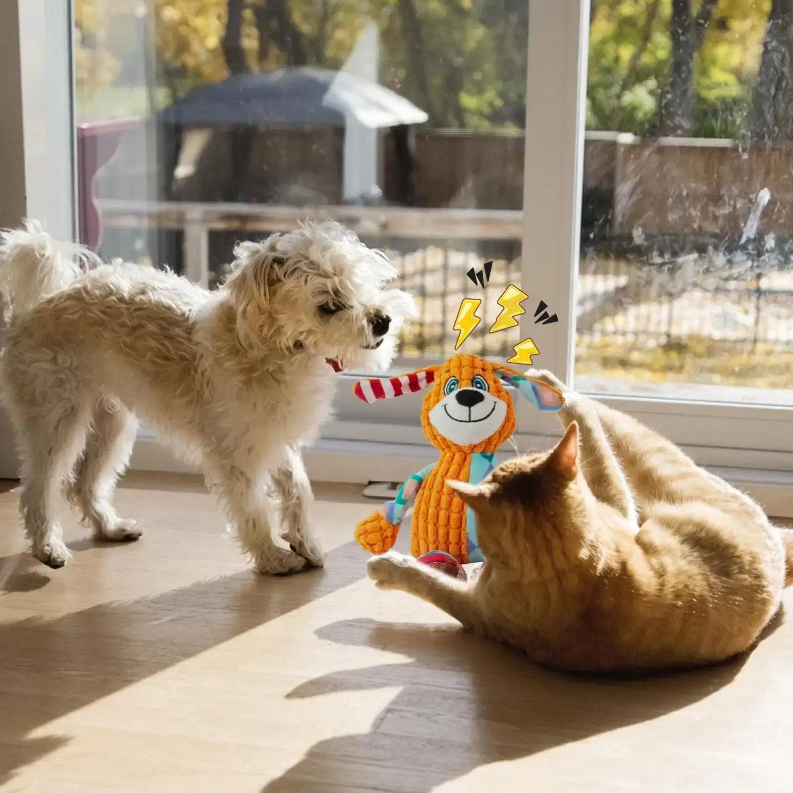 Dog Toys Plush Squeaky Stuffed Animal Puppy Toys Small Dog Toys Stuffed Dog Play Toys Interactive Puppy Toys for Small Medium with a dog and cat.