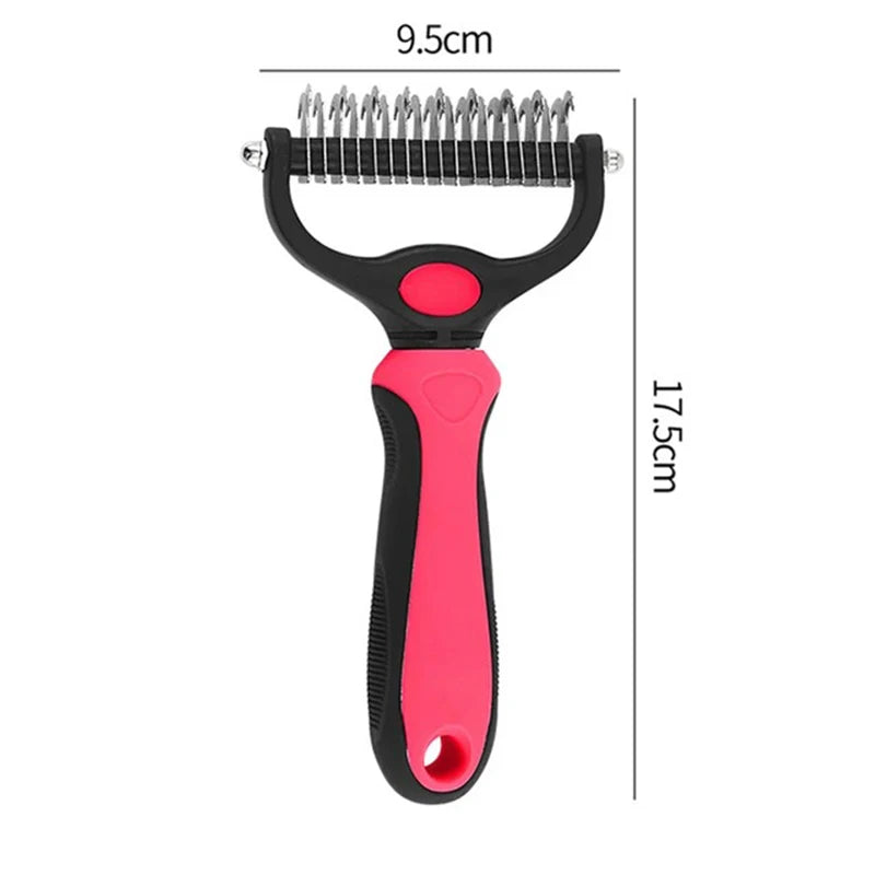 pet deshedding brush red and black double-sided stainless steel comb for dog and cat grooming, 17.5cm