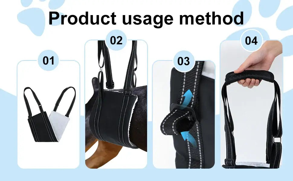 Product usage method for Dog Lift Harness Adjustable Dog Sling for Back Legs Support Rehab Harness for Weak Rear Legs Pet Aid Assist Tool For Elderly Dog.