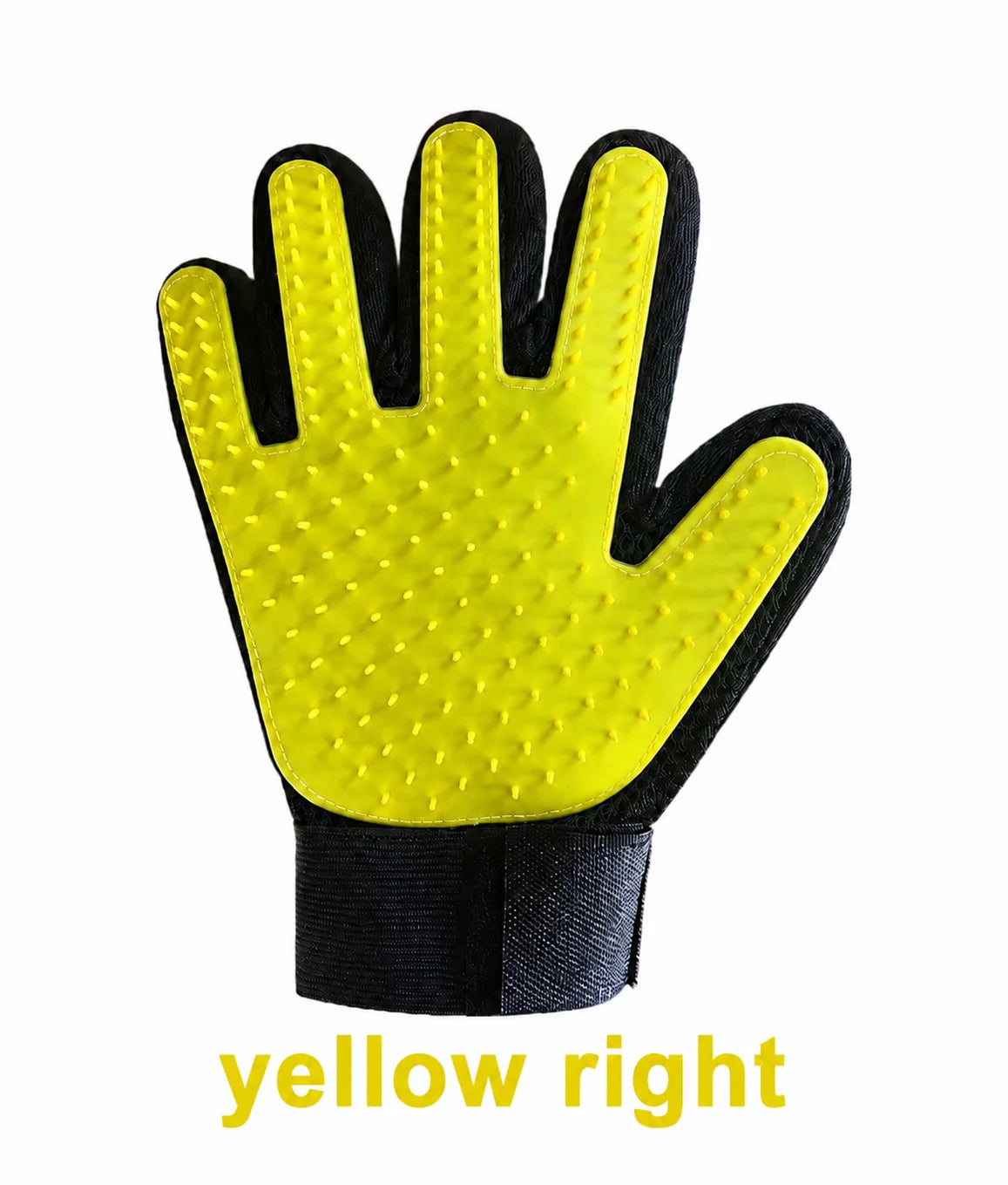 Yellow right pet hair remover glove, silicone deshedding grooming glove for dogs and cats, gentle massage brush