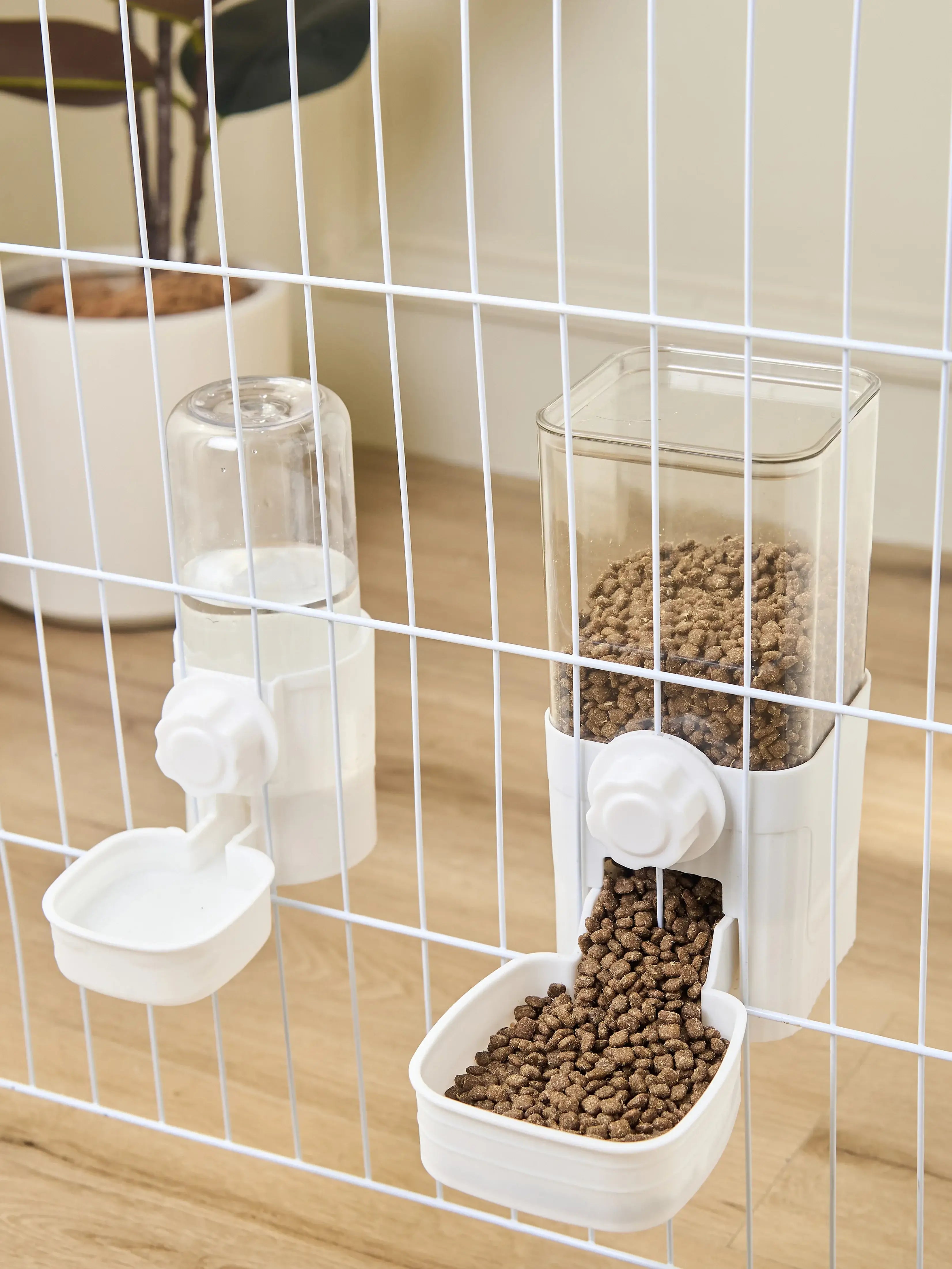 hanging pet feeder and waterer for cage, automatic dog cat rabbit food and water dispenser, 1.5L plastic bowl
