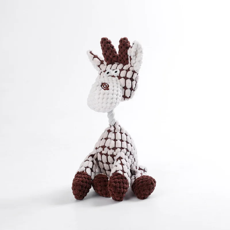 Plush giraffe dog toy with brown and white textured fabric on a white background