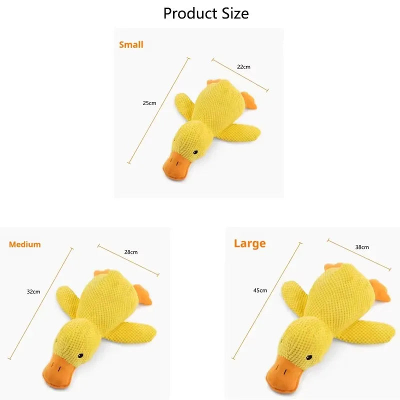 dog plush duck toy size chart showing small, medium, and large yellow duck squeak plush for dogs