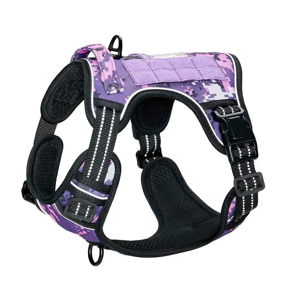 Purple military tactical dog harness, no-pull reflective vest with control handle, durable large dog harness for all stages