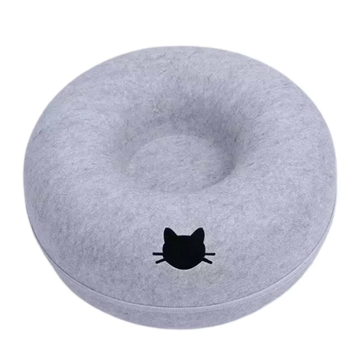 round cat tunnel bed in light gray with hole, donut-style cat nest bed and scratcher for cozy sleeping and play
